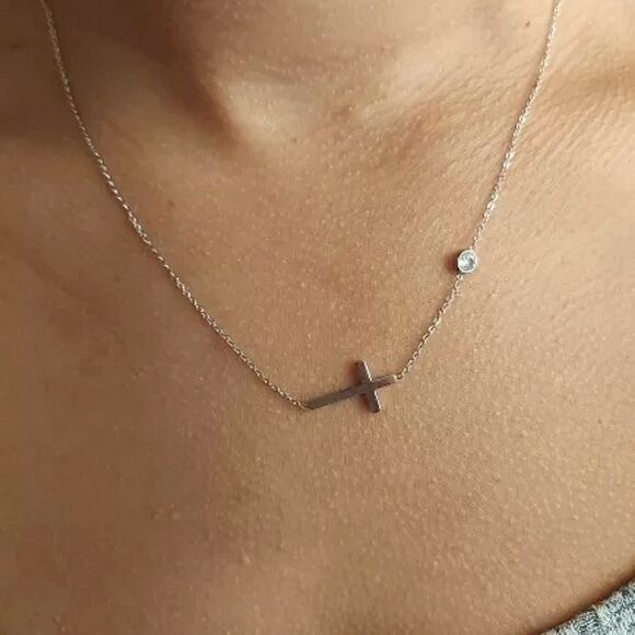 Silver Sideways Cross Necklace Cubic Zircon Charm - Picture 2 of 7